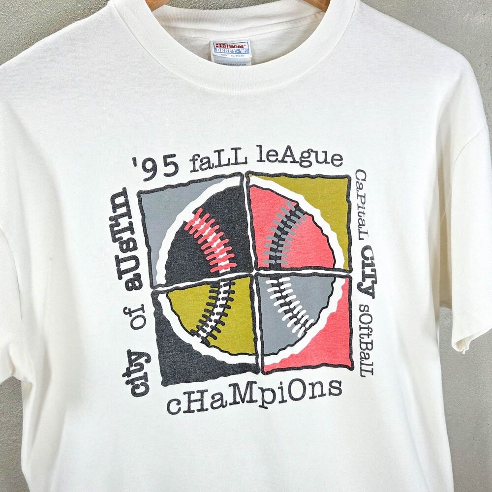 Vintage 1995 Austin Softball Champions Single Stitch White T Shirt Sz XL